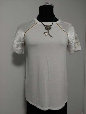 Suzy Shier White Satin & Lace Blouse - Gold Trim - Size Medium NWOT